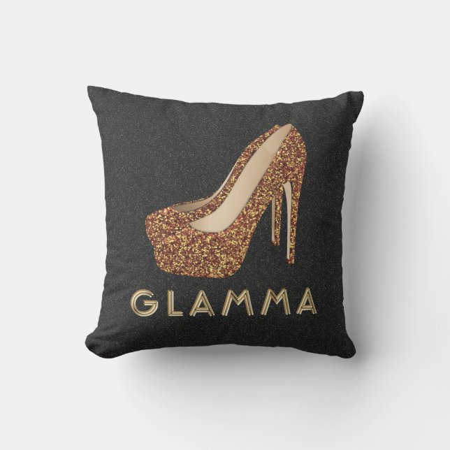 Glamour Grandma Glamma Gold Glitter High Heels Throw Pillow (Front)