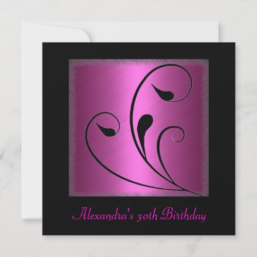 Glamour Hot Pink Black Floral Birthday Party Personalized Announcements