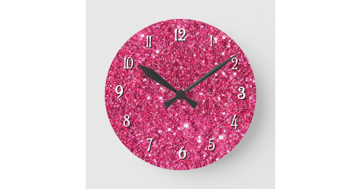 Glamour Hot Pink Glitter Round Clock Zazzle