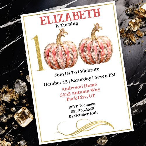 Glamour Jeweled Pumpkin 100th Birthday Invitation