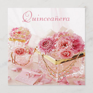 Glamour Jewels, Pink Flowers & Boxes Quinceanera Invitation