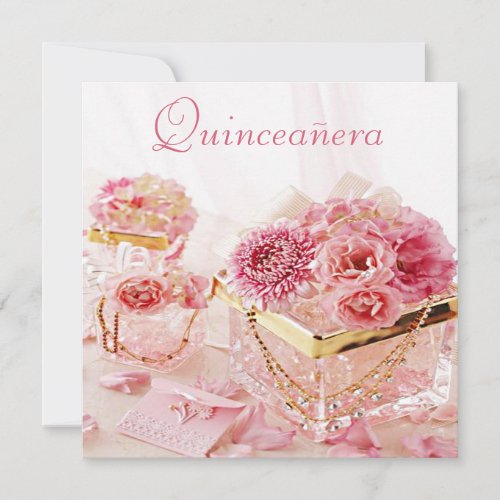 Glamour Jewels Pink Flowers  Boxes Quinceanera Invitation