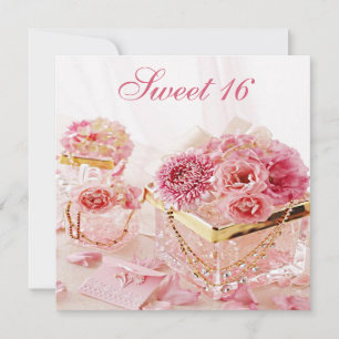 Glamour Jewels, Pink Flowers & Boxes Sweet 16 Invitation