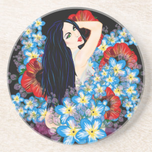 Glamour Model in Poppy flower bed, ART by LeahG Drink Coaster