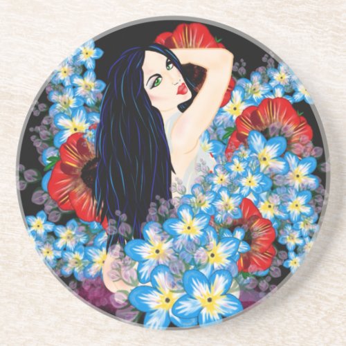 Glamour Model in Poppy flower bed ART by LeahG Drink Coaster