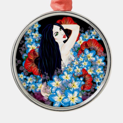 Glamour Model in Poppy flower bed ART by LeahG Metal Ornament