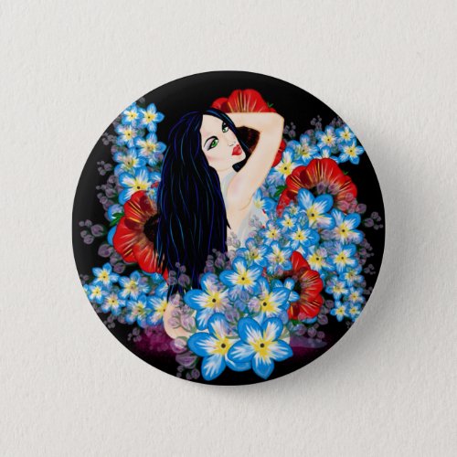 Glamour Model in Poppy flower bed ART by LeahG Pinback Button
