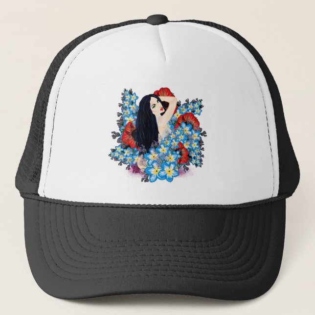 Glamour Model in Poppy flower bed, ART by LeahG Trucker Hat (Front)