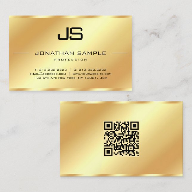 Glamour Modern Monogram QR Code Gold Template Business Card (Front/Back)
