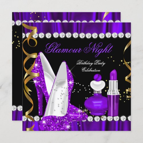 Glamour Night glitter Purple Gold Black Party 3 Invitation