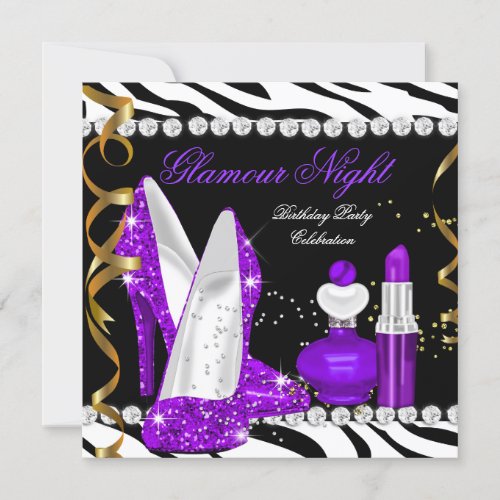 Glamour Night glitter Purple Gold Black Zebra Invitation