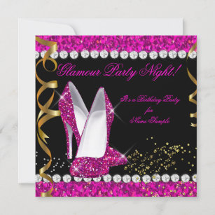 Glamour Party Night Pink Glitter Gold Black Shoes Invitation