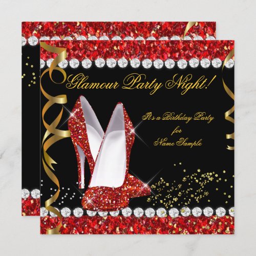 Glamour Party Night Red Glitter Gold Black Shoes Invitation