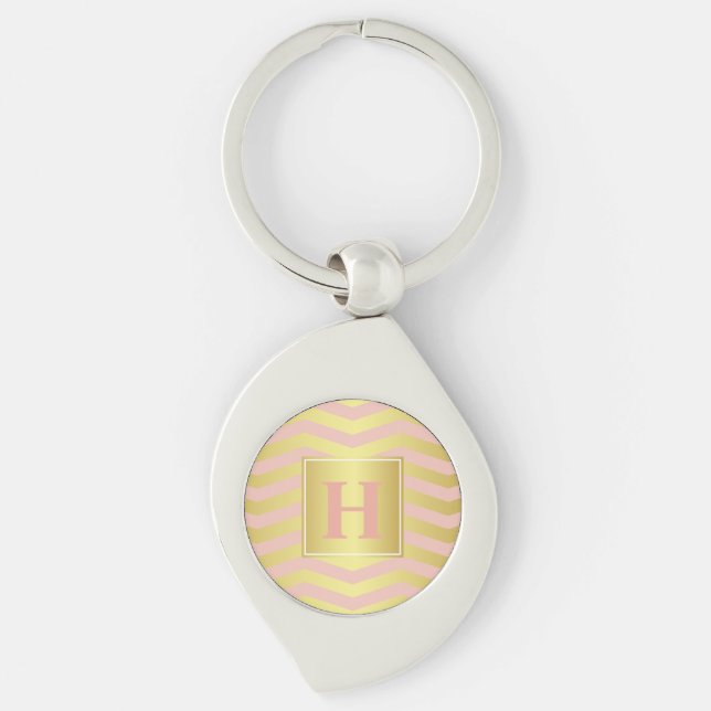 Glamour Pink and Gold Chevrons with Monogram Keychain (Front)