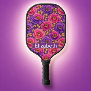 Glamour Pink and Purple Flowers Personalized Pickleball Paddle