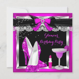 Glamour Pink Glitter Heels Silver Cocktail Party Invitation