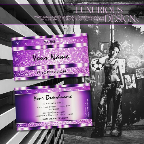 Glamour Purple Sparkling Glitter Stars Popular Business Card