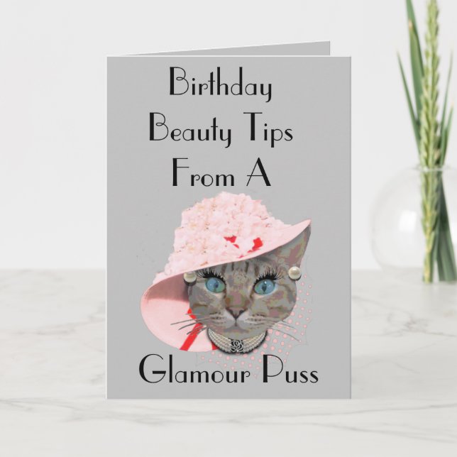 glamour puss big pink hat funny gray cat birthday card (Front)