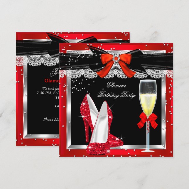 Glamour Red Glitter Heels Silver Champagne Party 2 Invitation (Front/Back)
