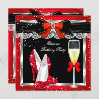 Glamour Red Glitter Heels Silver Champagne Party 2 Invitation