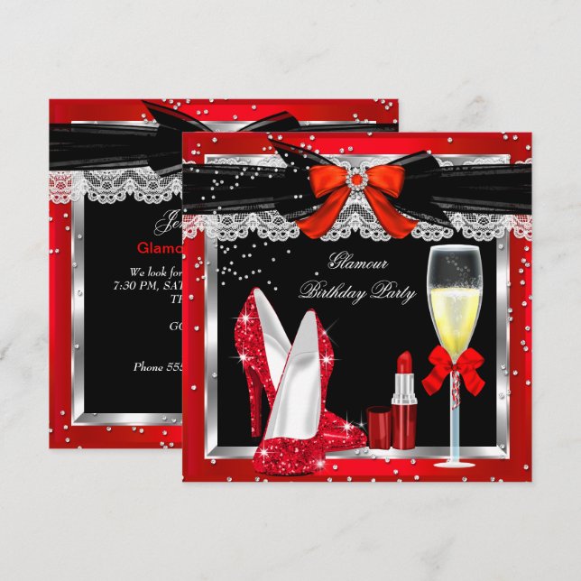 Glamour Red Glitter Heels Silver Champagne Party 3 Invitation (Front/Back)