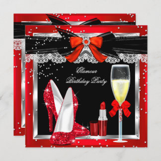 Glamour Red Glitter Heels Silver Champagne Party 3 Invitation