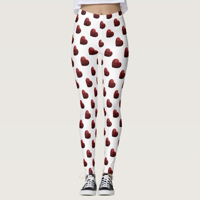 Glamour Red Glitter sparkles Heart pattern white Leggings (Front)
