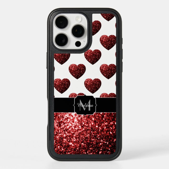Glamour Red Glitter sparkles Hearts Monogram Otterbox iPhone Case (Back)