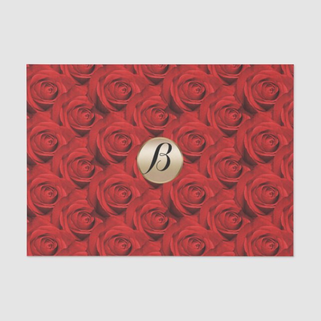Glamour Red Roses Gold Monogram Elegant Modern Tissue Paper (Front)