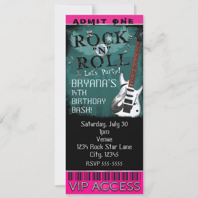 Glamour Rock N Roll Star Birthday Ticket VIP Party Invitation (Front)