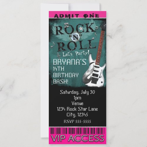 Glamour Rock N Roll Star Birthday Ticket VIP Party Invitation