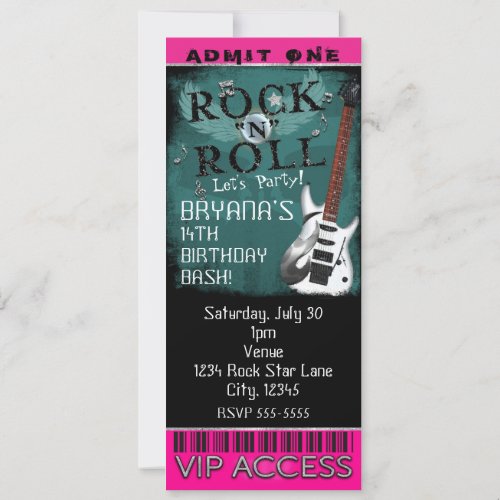 Glamour Rock N Roll Star Birthday Ticket VIP Party Invitation