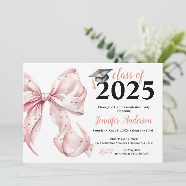 Glamour Rose Gold Bow Graduation Party Invitation (Standing Front)