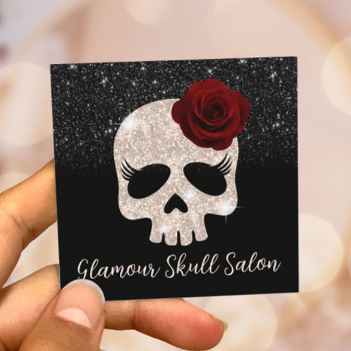 Customizable Glamour Rose Gold Glitter Skull Beauty Salon &amp; SPA Square Business Card