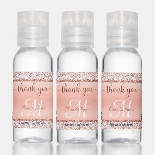 Glamour Rose Gold Metallic Damask Wedding Hand Sanitizer