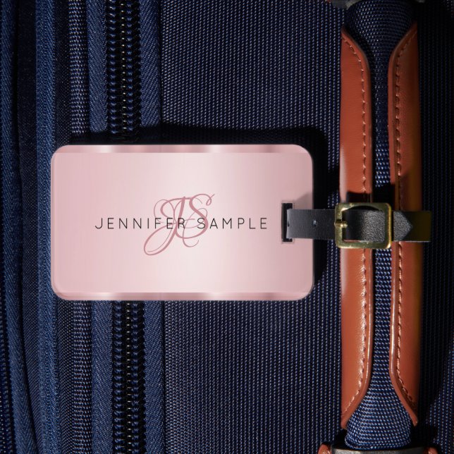 Glamour Rose Gold Monogrammed Modern Elegant Luggage Tag (Front Insitu 4)