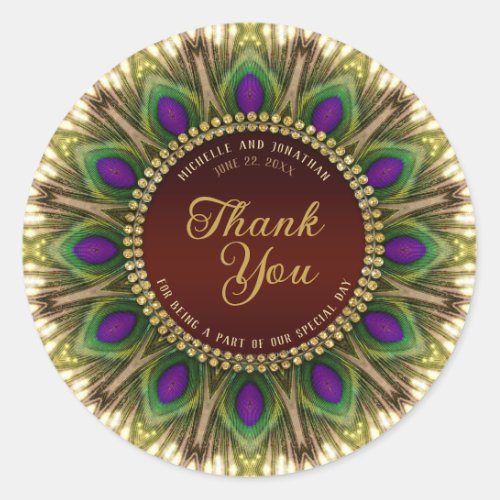 Glamour Stylish Peacock Feather Thank You Classic Round Sticker