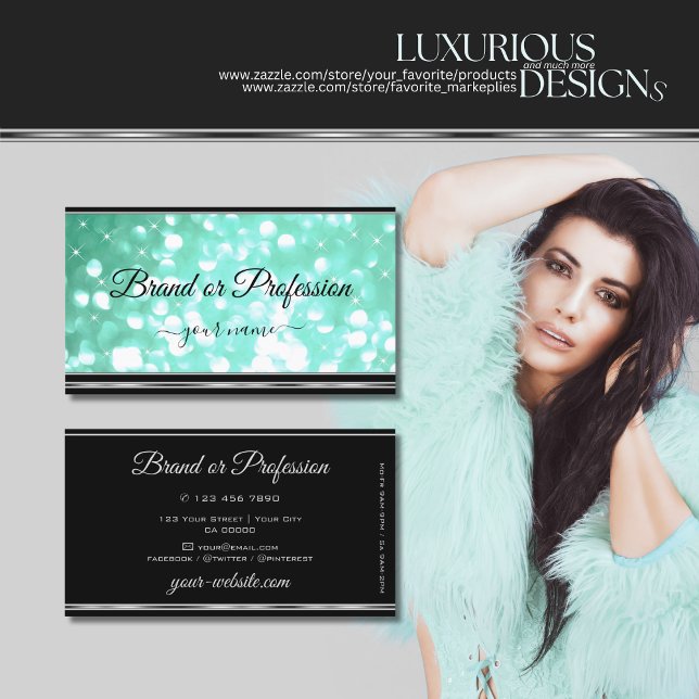 Glamour Teal Glitter Black Silver Border Elegant Business Card (Creator Uploaded)