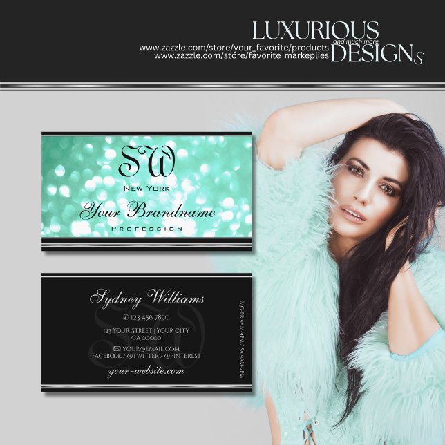 Glamour Teal Glitter Monogram Black Silver Border Business Card (Creator Uploaded)