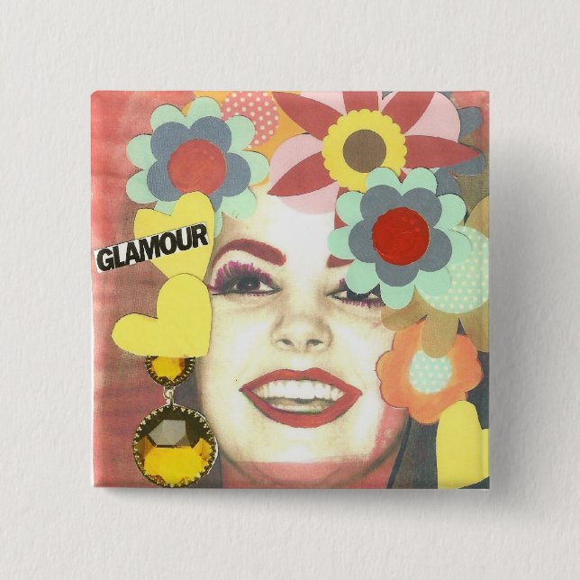 GLAMOUR VINTAGE FLOWER GIRL PINBACK BUTTON (Front)