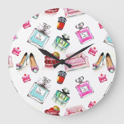 Glamour Watercolor Fashion Seamless Pattern Large Clock