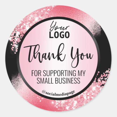 Glamourous Black With Pink Glitter Thank You Logo Classic Round Sticker