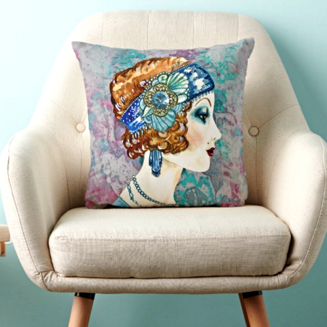 Glamourous Flapper Girl Gray Teal Rose Reversible Throw Pillow (Creator Uploaded)