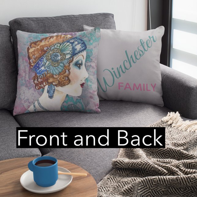 Glamourous Flapper Girl Gray Two-Sided Personalize Throw Pillow (Creator Uploaded)