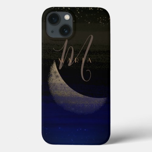 Glamourous Golden Moon Blue Abstract Monogram iPhone 13 Case