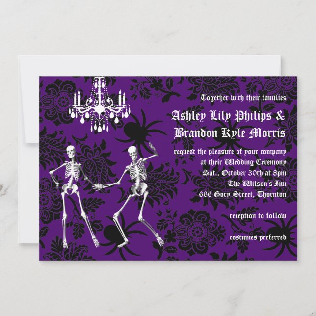 Glamourous Skeletons Wedding Invitation (purple) (Front)