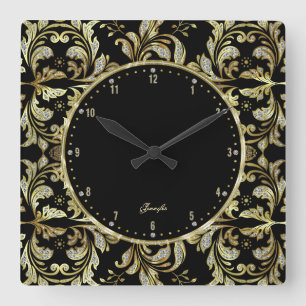 Glamours Black, Gold, And White Glitter Square Wall Clock