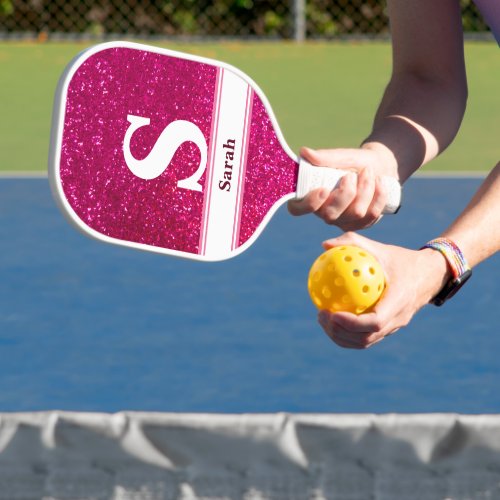 Glamours Pink Glitter Monogram Name Pickleball Paddle