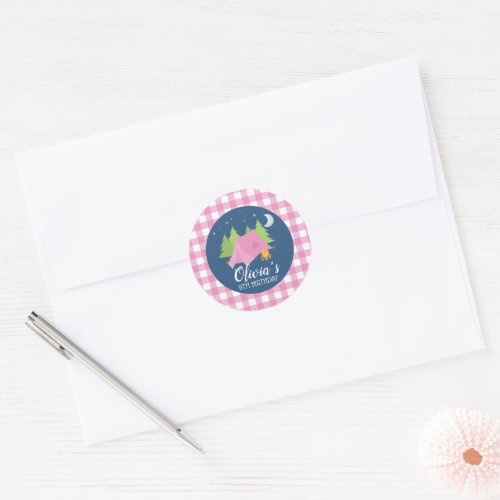 Glamping birthday invite envelope seals pink plaid