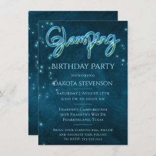 Glamping Birthday Party Dark Neon Blue Teal Star Invitation